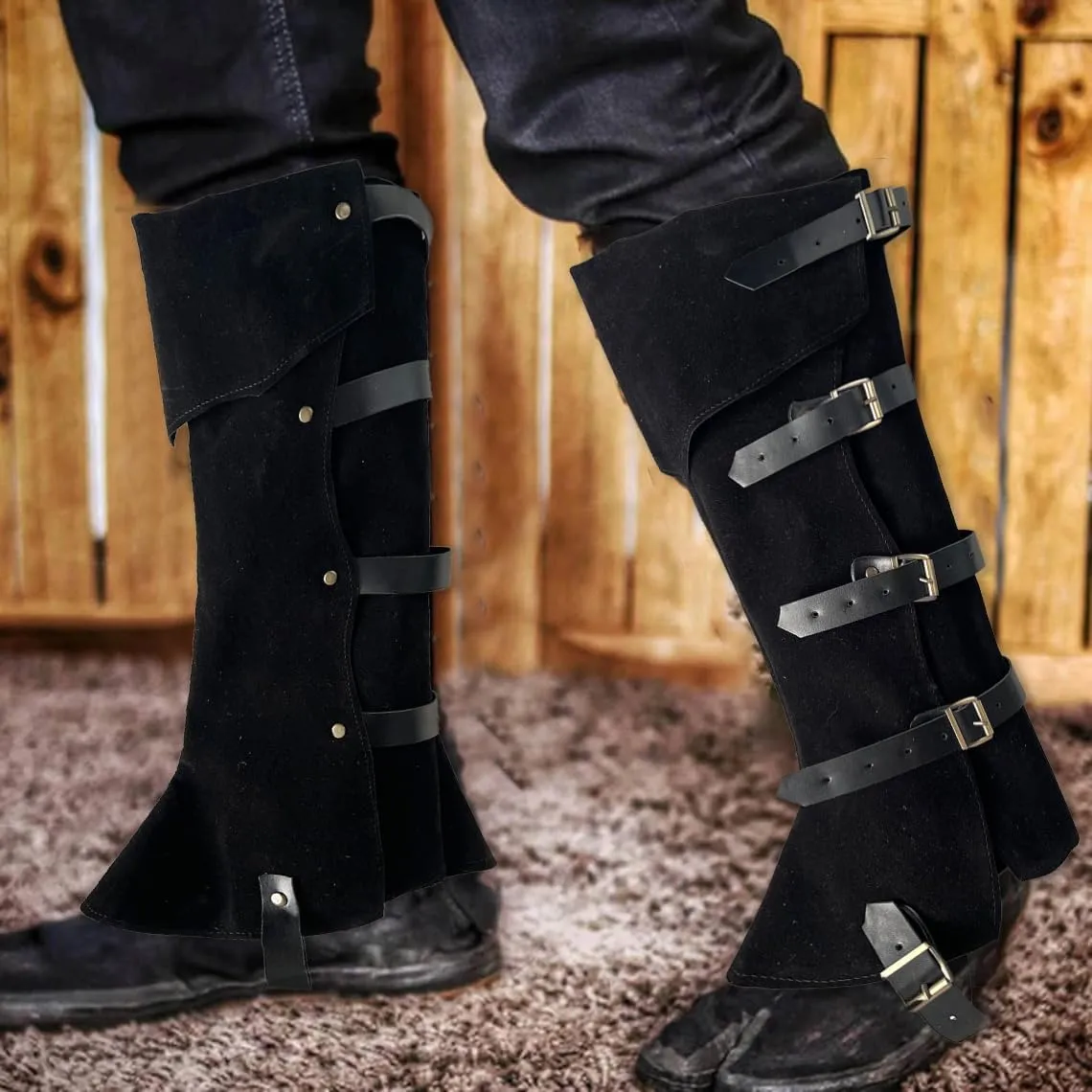 Pirate Leg Covers Medieval and Renaissance Faux Leather Costume Accessories Steampunk Footwear Cover for Boots Halloween Costume Black