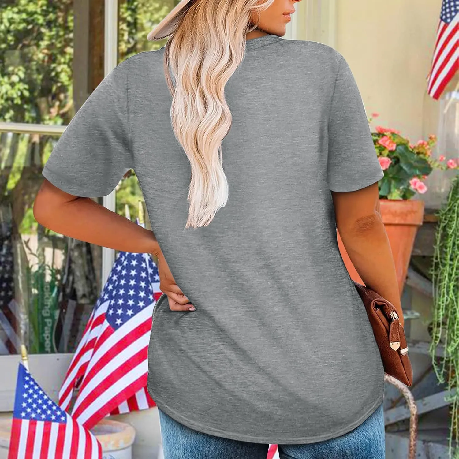 Plus Size USA Flag Shirt for Women 4th of July American Flag Print Tee Tops Short Sleeve Patriotic T-Shirt Blouse