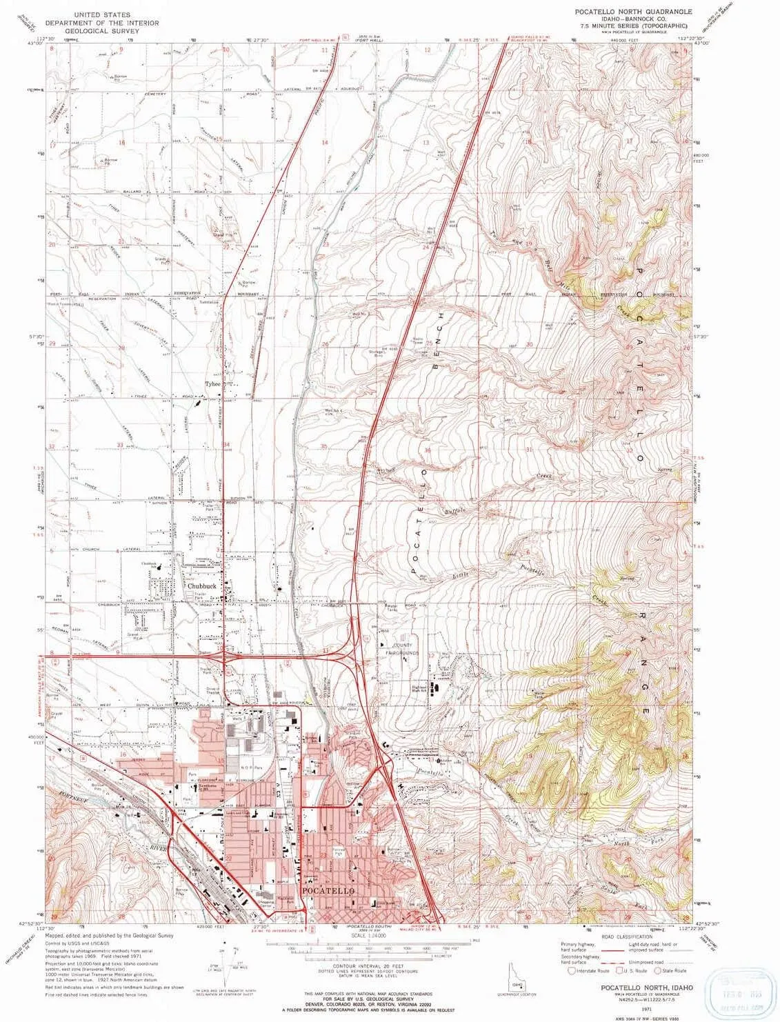 Pocatello North ID topo map, 1:24000 Scale, 7.5 X 7.5 Minute, Historical, 1971, Updated 1974, 26.8 x 22 in