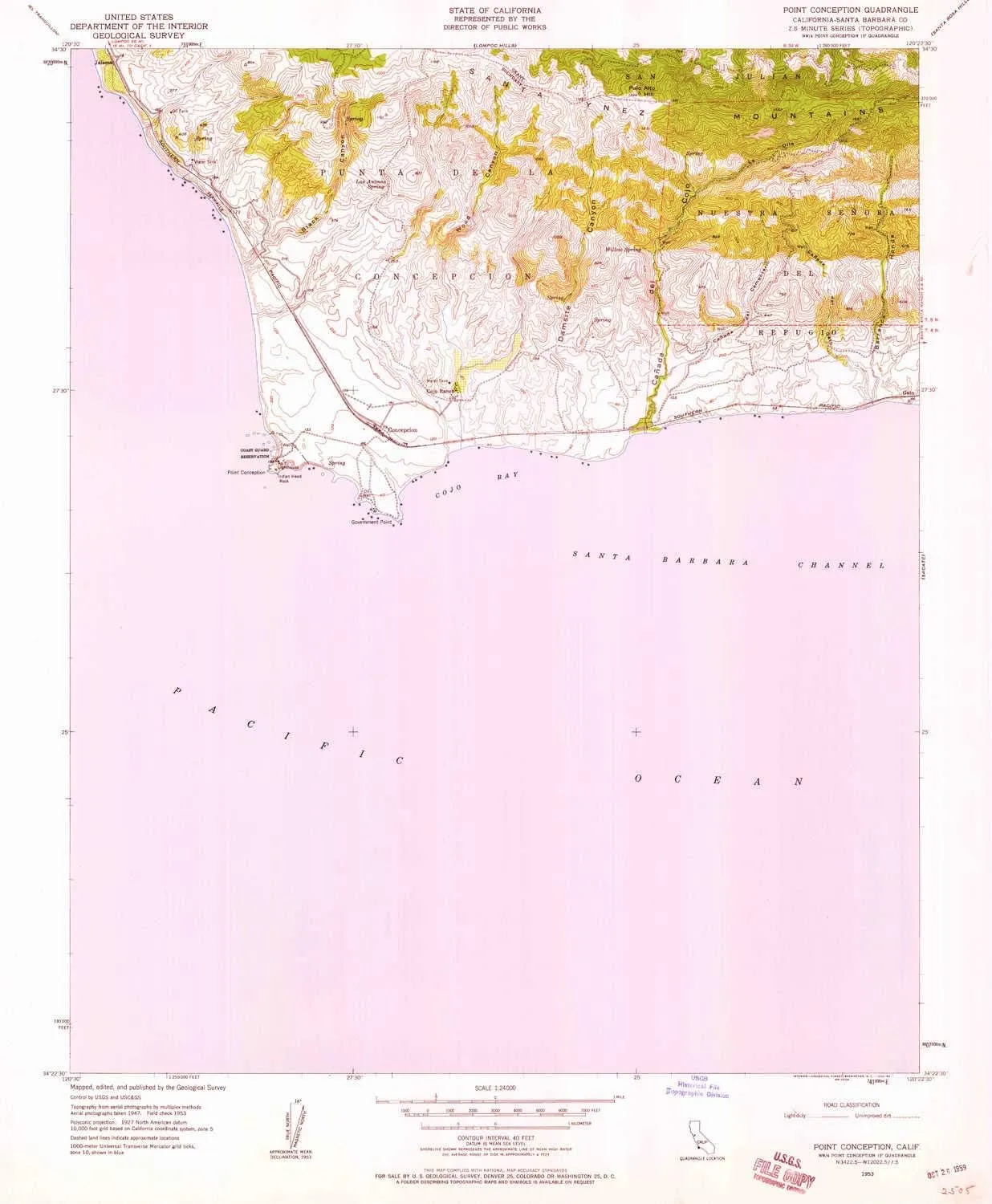 Point Conception CA topo map, 1:24000 Scale, 7.5 X 7.5 Minute, Historical, 1953, Updated 1959, 26.7 x 22 in