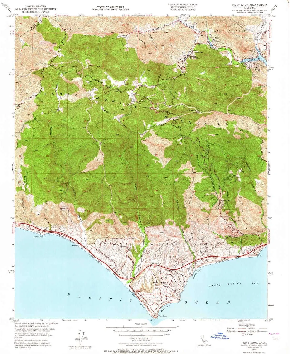 Point Dume CA topo map, 1:24000 Scale, 7.5 X 7.5 Minute, Historical, 1950, Updated 1964, 26.8 x 22 in