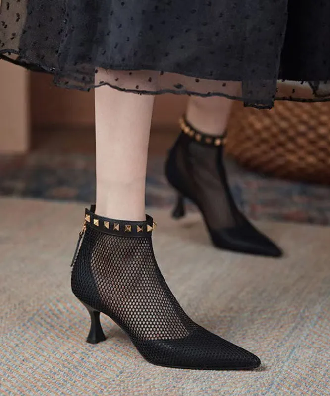 Pointed Splicing Mesh Black Toe Rivet Breathable Boots