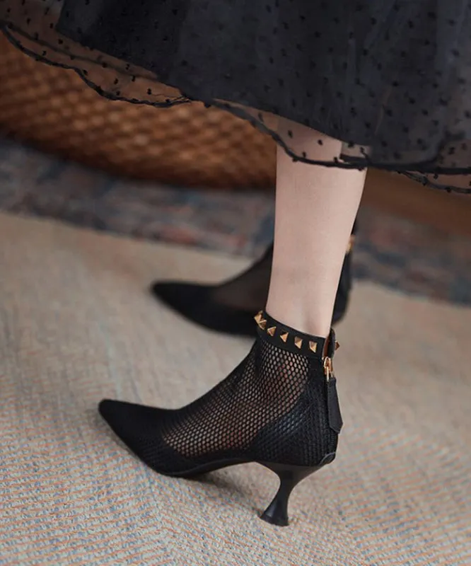Pointed Splicing Mesh Black Toe Rivet Breathable Boots