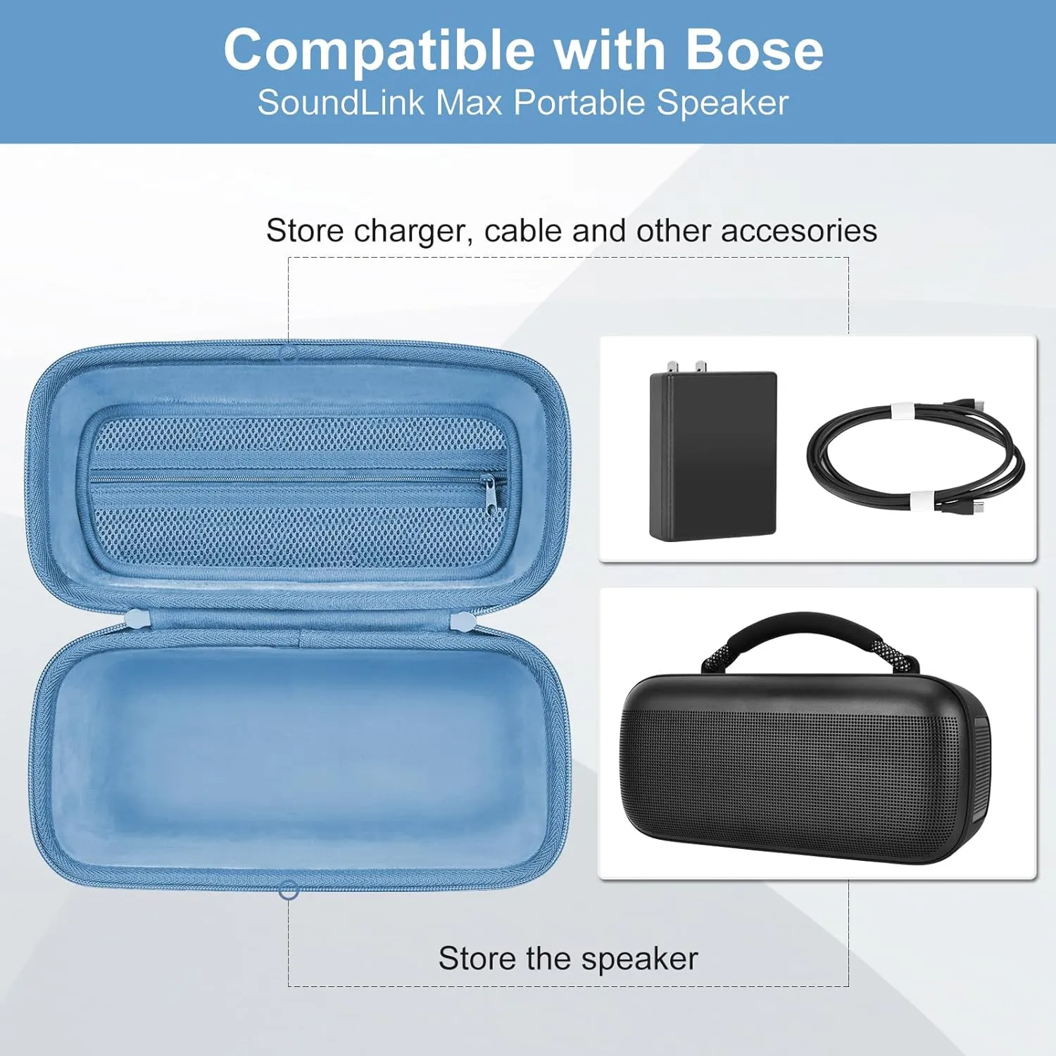 Portable Shell Case for Bose SoundLink Max Speaker, Waterproof Bose Max Case, Hard Carrying Travel Bag with Shoulder Strap and Handle - Blue