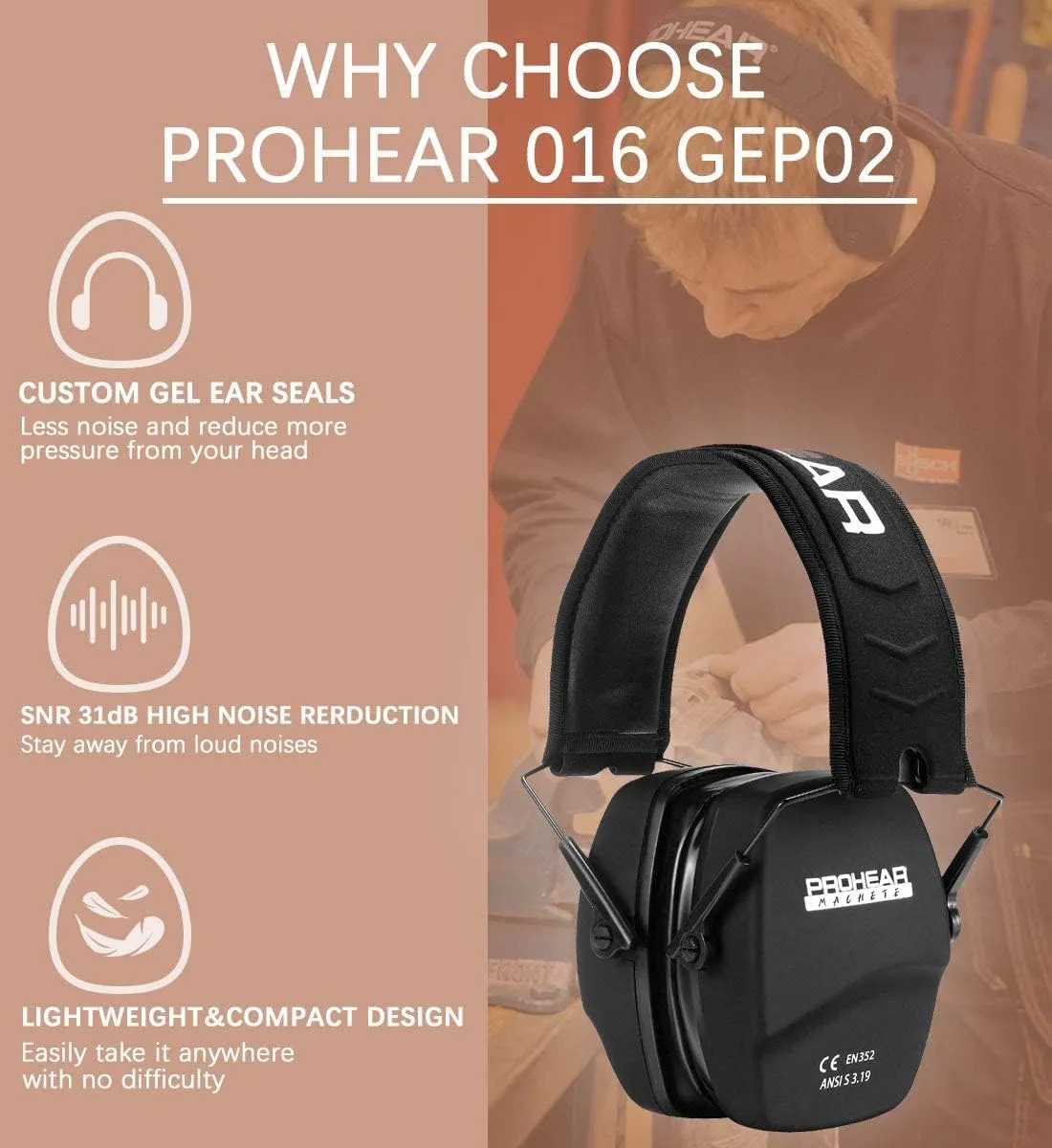 PROHEAR 016-GEP02 Shooting Ear Protection Safety Muffs with Gel Ear Seals with groove, NRR 26dB Noise Reduction Slim Low Profile Passive Earmuffs, Folding Hearing Protector for Airsoft, Hunting