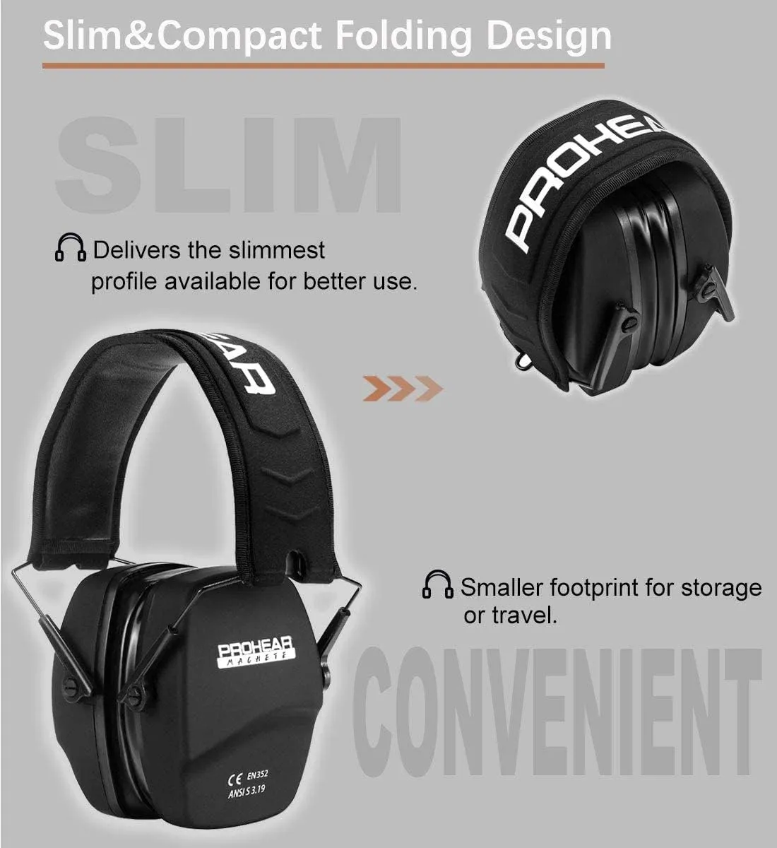 PROHEAR 016-GEP02 Shooting Ear Protection Safety Muffs with Gel Ear Seals with groove, NRR 26dB Noise Reduction Slim Low Profile Passive Earmuffs, Folding Hearing Protector for Airsoft, Hunting