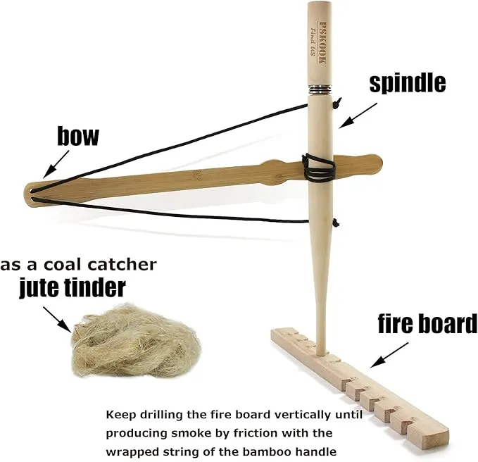PSKOOK Bow Drill Kit Fire Starter, Primitive Wood, Survival Practice Friction Fire Tool for Scout Outdoor Activity Teaching, Outward Bound Training, Wildness Survival Beginner