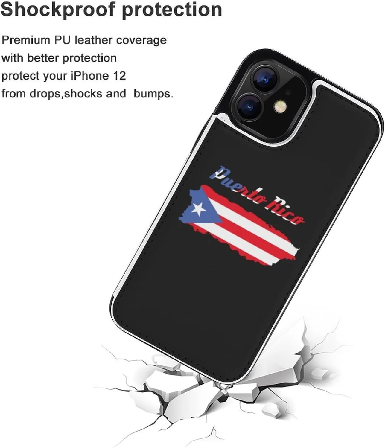 Puerto Rico Flag Map Flip Leather Case with Card Holder Kickstand Function Compatible for iPhone 12 Series