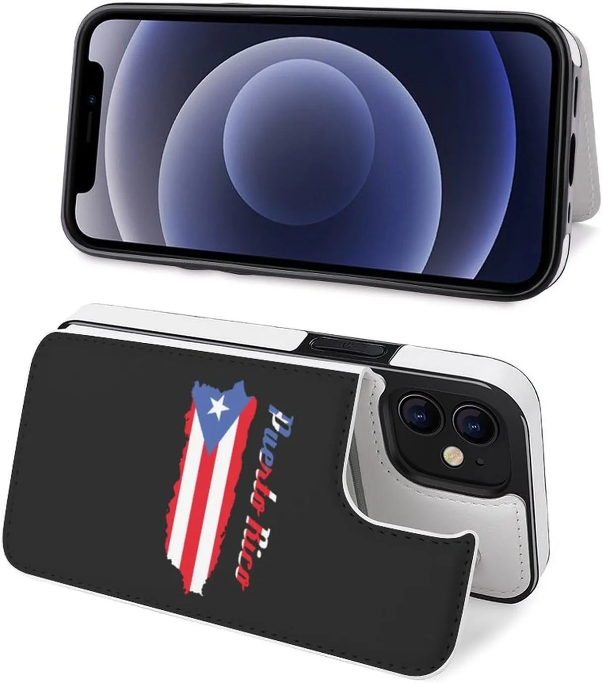Puerto Rico Flag Map Flip Leather Case with Card Holder Kickstand Function Compatible for iPhone 12 Series