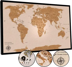 Push Pin Travel Map - Large 30" x 20" World Map Pin Board with Premium Push Pins made from Cork Board - Unique Custom Gift Idea for Travelers, Partner, Young Adults, and Parents