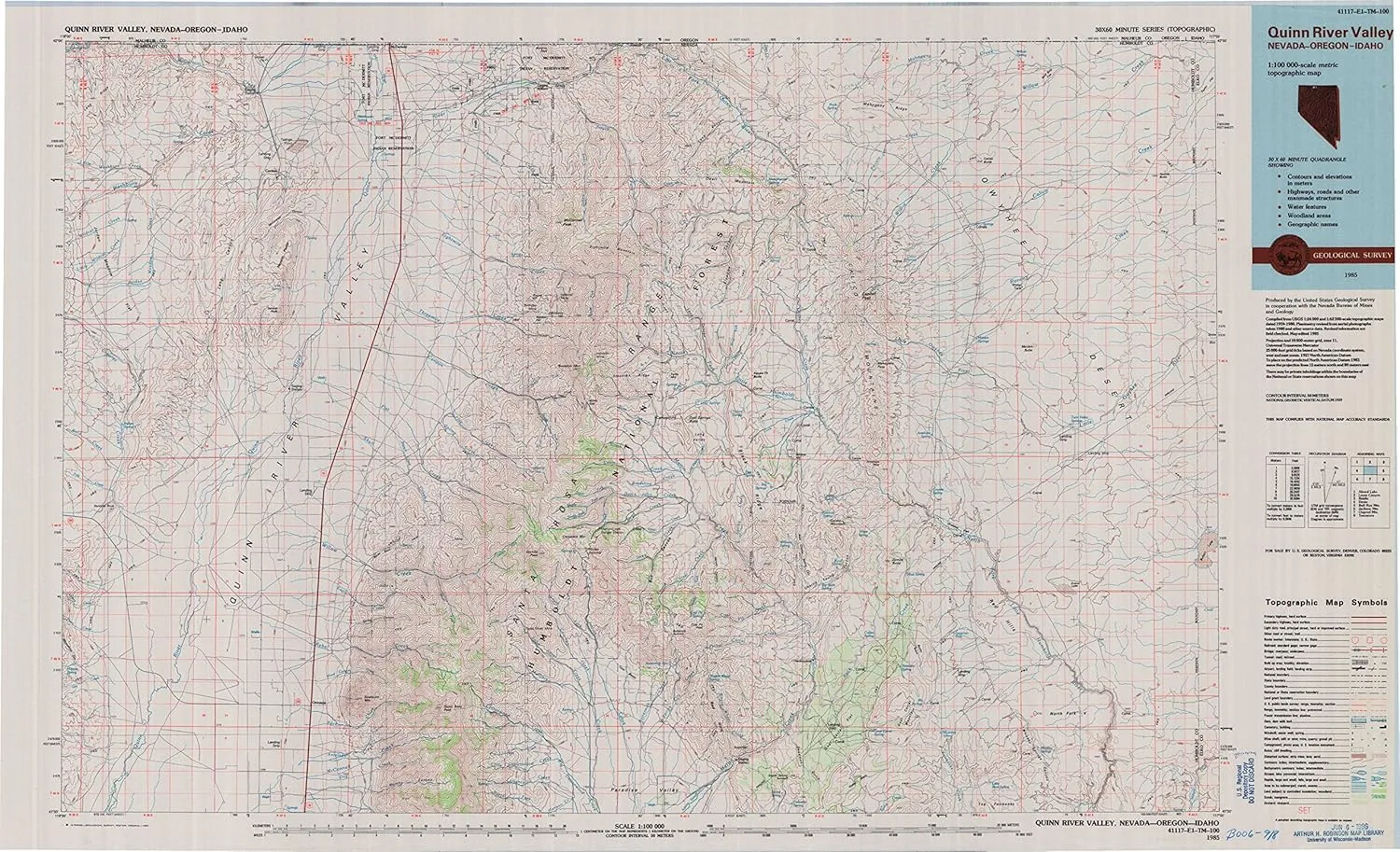 Quinn River Valley NV topo map, 1:100000 Scale, 30 X 60 Minute, Historical, 1985, Updated 1985, 24.2 x 39.7 in
