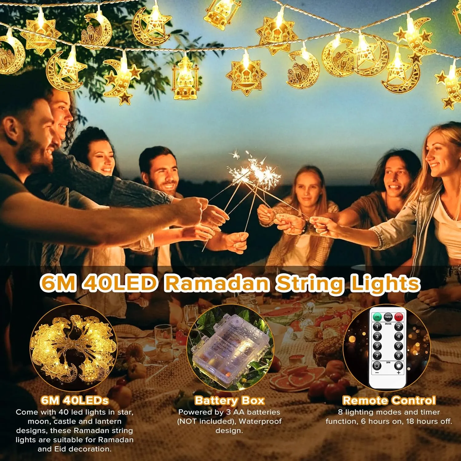 Ramadan String Light, Necomi 40LEDs Ramadan Decorations Lights with Remote, 8 Light Modes, Battery Powered, Star Moon Castle Lantern Fairy Light Decorations for Ramadan