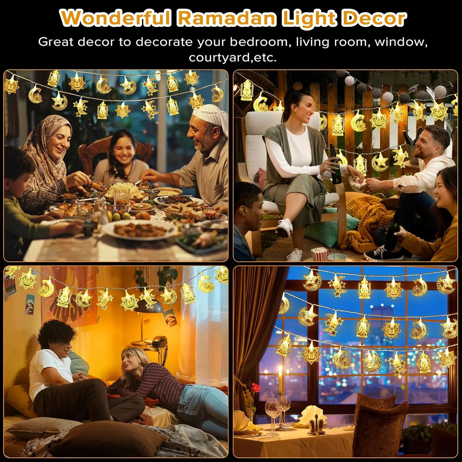Ramadan String Light, Necomi 40LEDs Ramadan Decorations Lights with Remote, 8 Light Modes, Battery Powered, Star Moon Castle Lantern Fairy Light Decorations for Ramadan