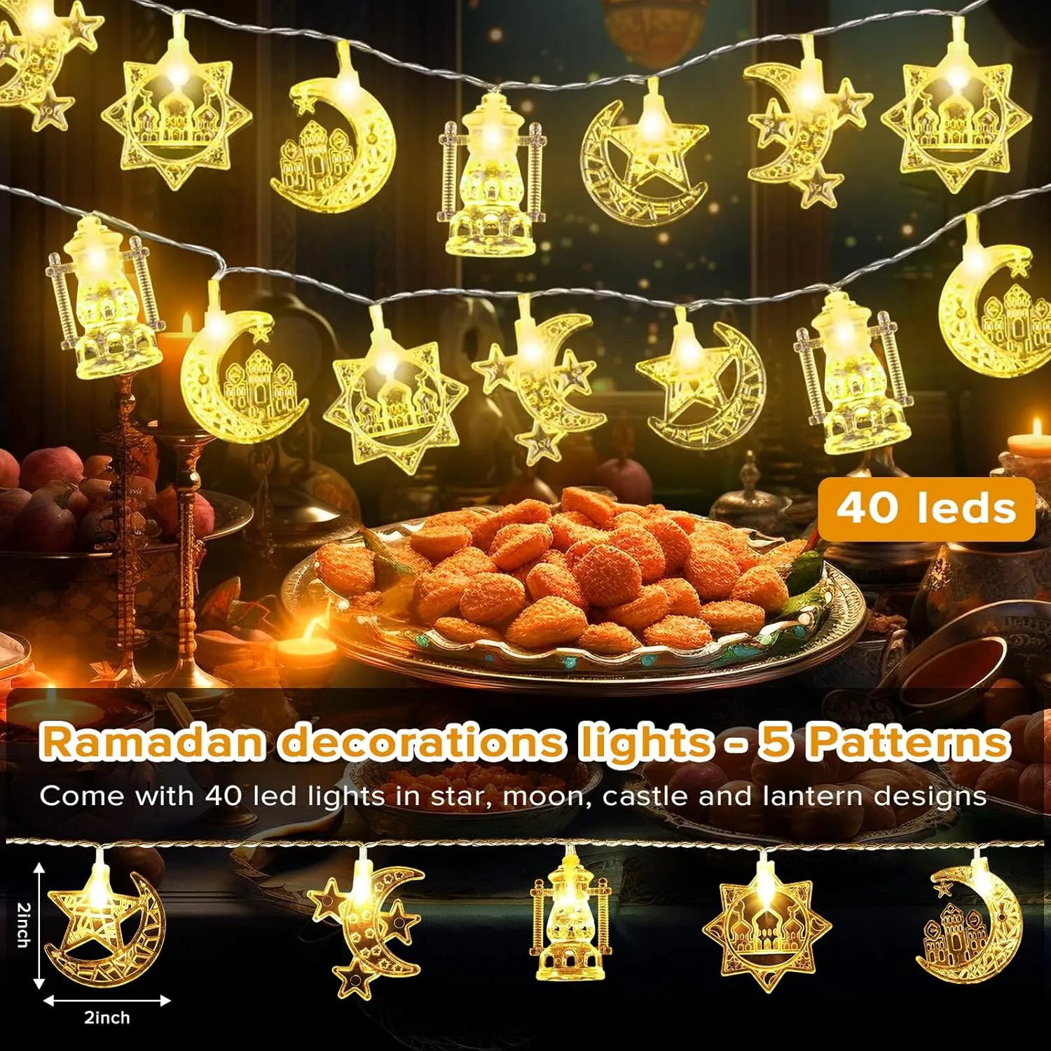 Ramadan String Light, Necomi 40LEDs Ramadan Decorations Lights with Remote, 8 Light Modes, Battery Powered, Star Moon Castle Lantern Fairy Light Decorations for Ramadan