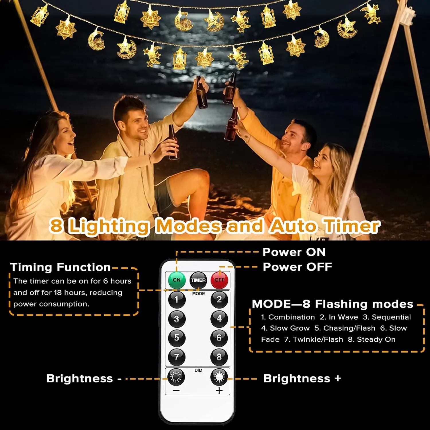 Ramadan String Light, Necomi 40LEDs Ramadan Decorations Lights with Remote, 8 Light Modes, Battery Powered, Star Moon Castle Lantern Fairy Light Decorations for Ramadan
