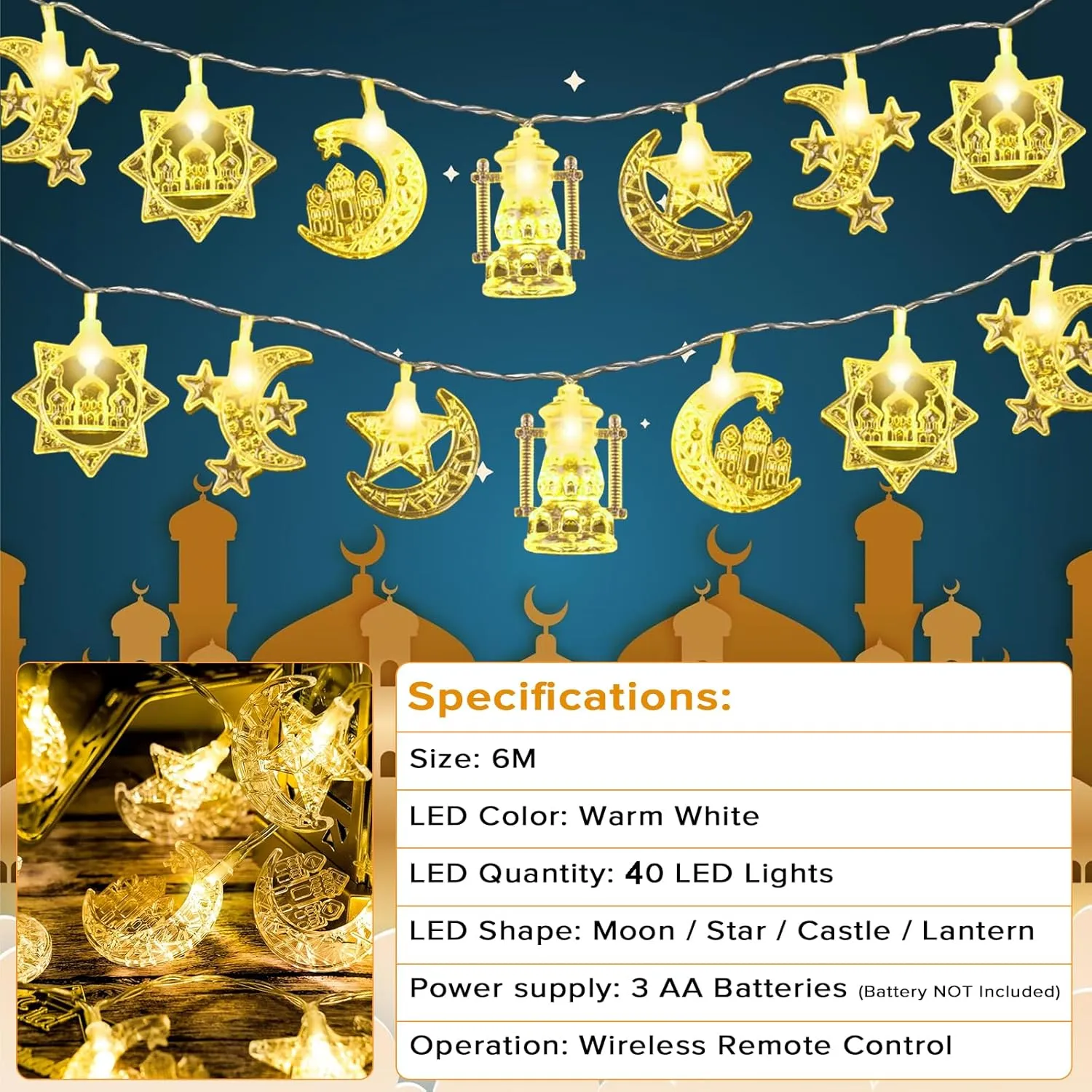 Ramadan String Light, Necomi 40LEDs Ramadan Decorations Lights with Remote, 8 Light Modes, Battery Powered, Star Moon Castle Lantern Fairy Light Decorations for Ramadan