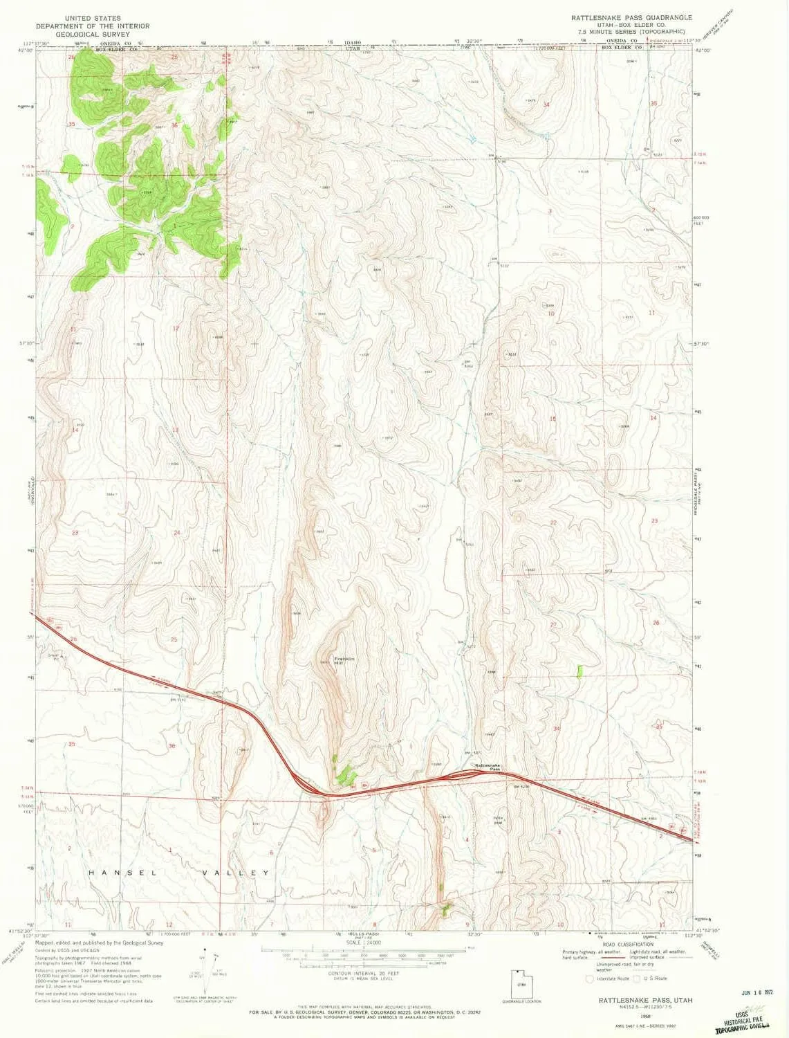 Rattlesnake Pass UT topo map, 1:24000 Scale, 7.5 X 7.5 Minute, Historical, 1968, Updated 1972, 26.8 x 22 in
