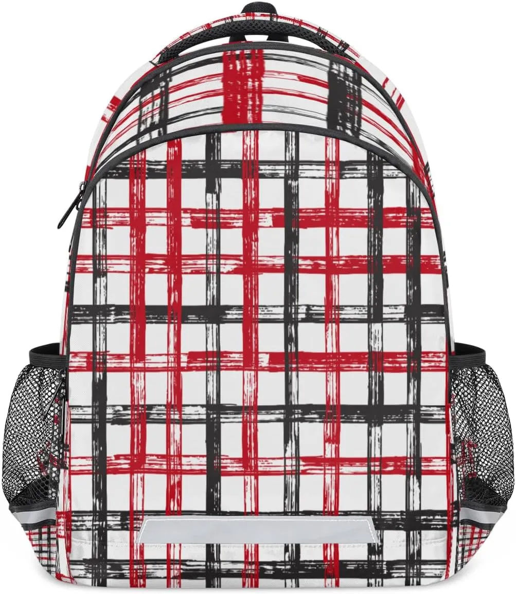 Red Black Plaid Backpack Modern Pattern Lightweight Backpack with Reflective Strip Travel Bag Casual Daypack Laptop Backpack