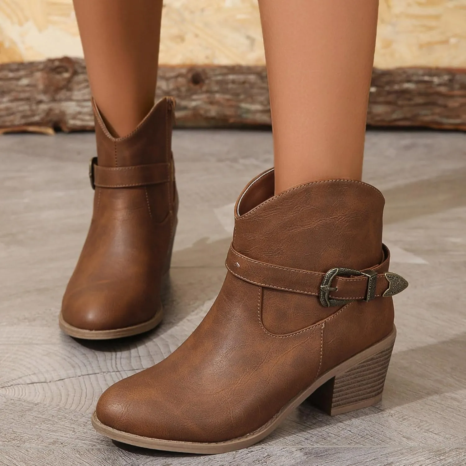 Retro Ankle Bootie for Women Stacked Mid Heel Arch Support Wedges Classic Western Cowboy Style Ankle Boots with Adjustable Buckle Strap Side Zipper Low Top Formal Business Party Banquet Shoes