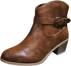 Retro Ankle Bootie for Women Stacked Mid Heel Arch Support Wedges Classic Western Cowboy Style Ankle Boots with Adjustable Buckle Strap Side Zipper Low Top Formal Business Party Banquet Shoes