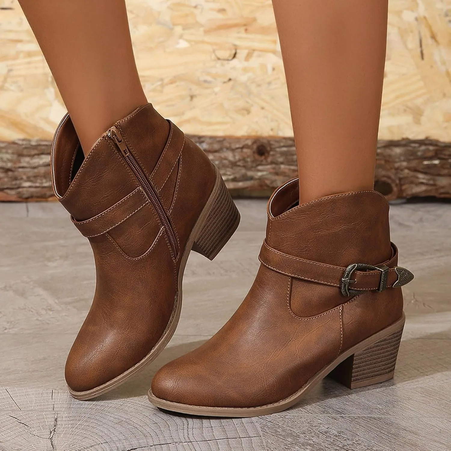 Retro Ankle Bootie for Women Stacked Mid Heel Arch Support Wedges Classic Western Cowboy Style Ankle Boots with Adjustable Buckle Strap Side Zipper Low Top Formal Business Party Banquet Shoes