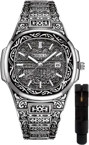 Retro Watches for Men Quartz Watches Tattoo Pattern Carved Stainless Steel Bracelet Waterproof Wrist Watch