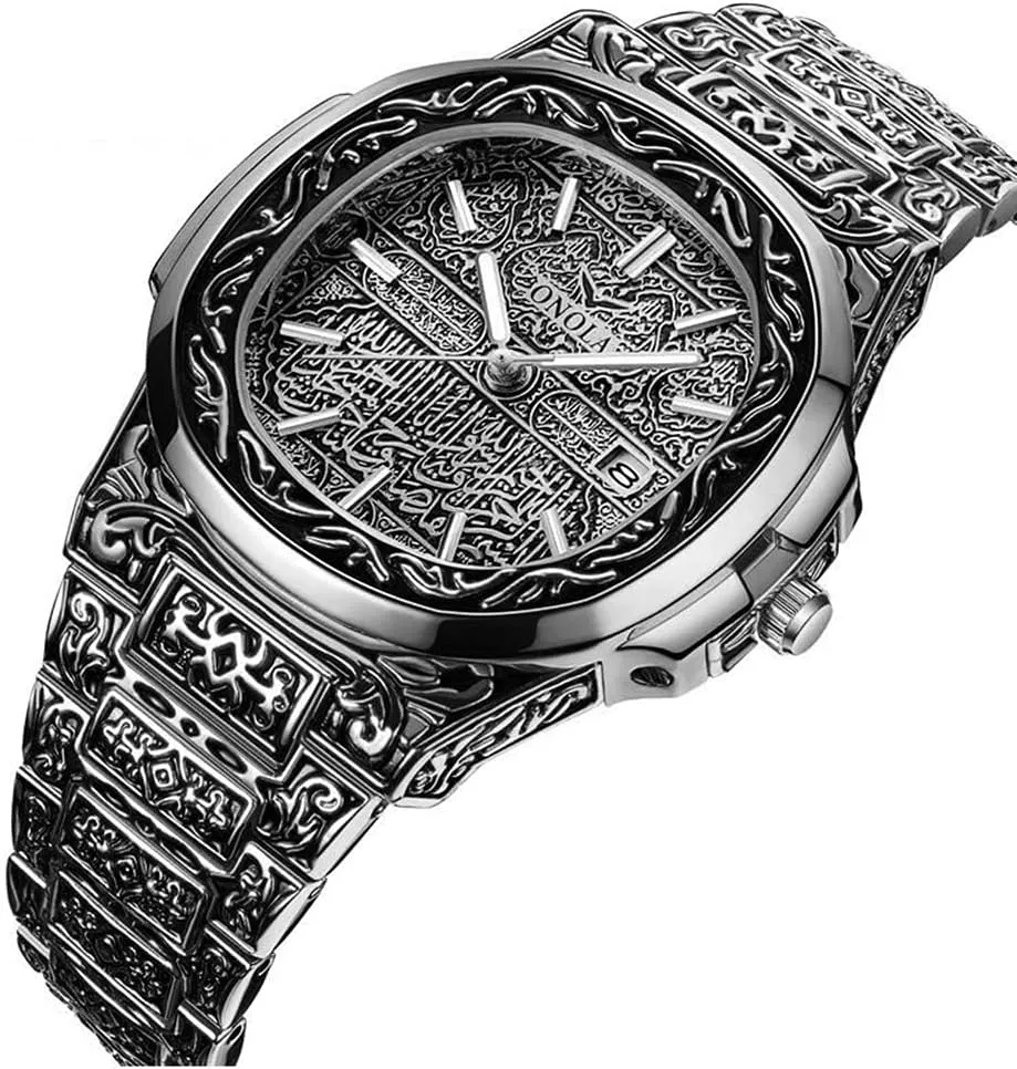 Retro Watches for Men Quartz Watches Tattoo Pattern Carved Stainless Steel Bracelet Waterproof Wrist Watch