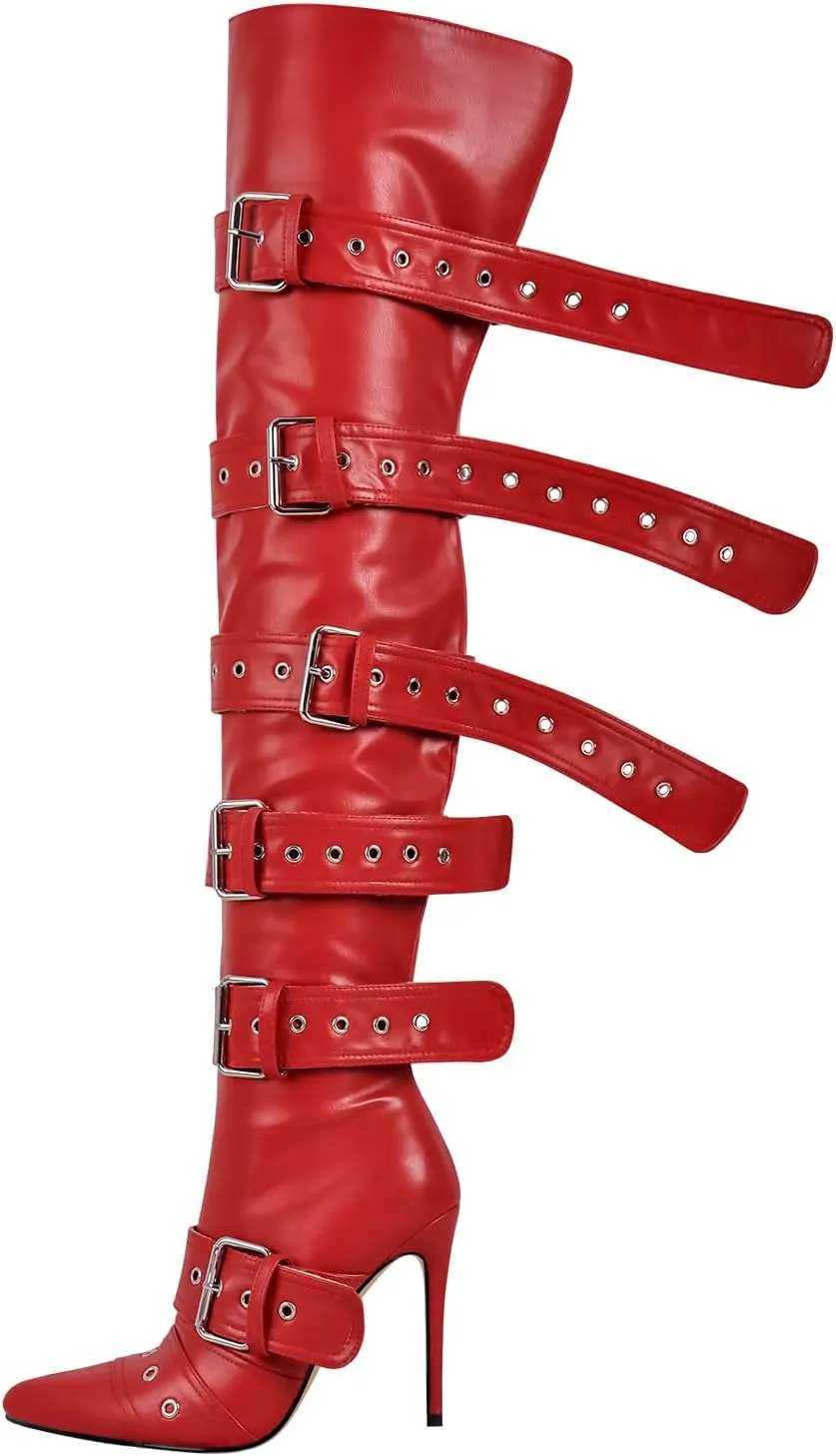 richealnini Women's Sexy Pointed Toe Thigh High Boots Side Zip Up Stretchy Over the Knee High Boots Buckle Stiletto Heels Party Dress