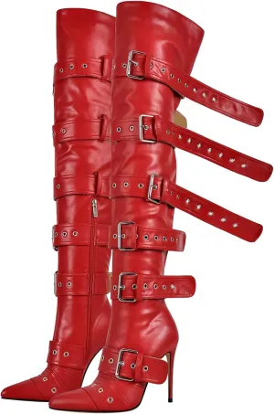 richealnini Women's Sexy Pointed Toe Thigh High Boots Side Zip Up Stretchy Over the Knee High Boots Buckle Stiletto Heels Party Dress