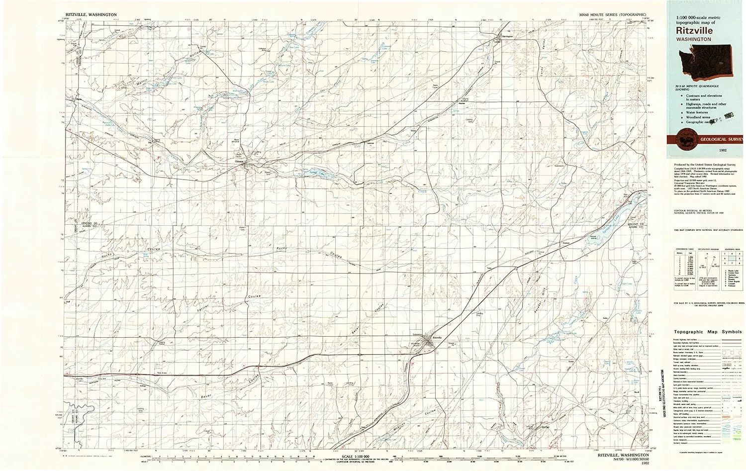 Ritzville WA topo map, 1:100000 Scale, 30 X 60 Minute, Historical, 1982, Updated 1983, 24.1 x 38.1 in