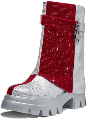 RKQ Zebra platform combat boots for women Low Chunky Heel Adjustable Lace-Up Vamp Inside Zipper Mid Calf Boots Fashion Party Daily Wear leisure Lug Sole Boots