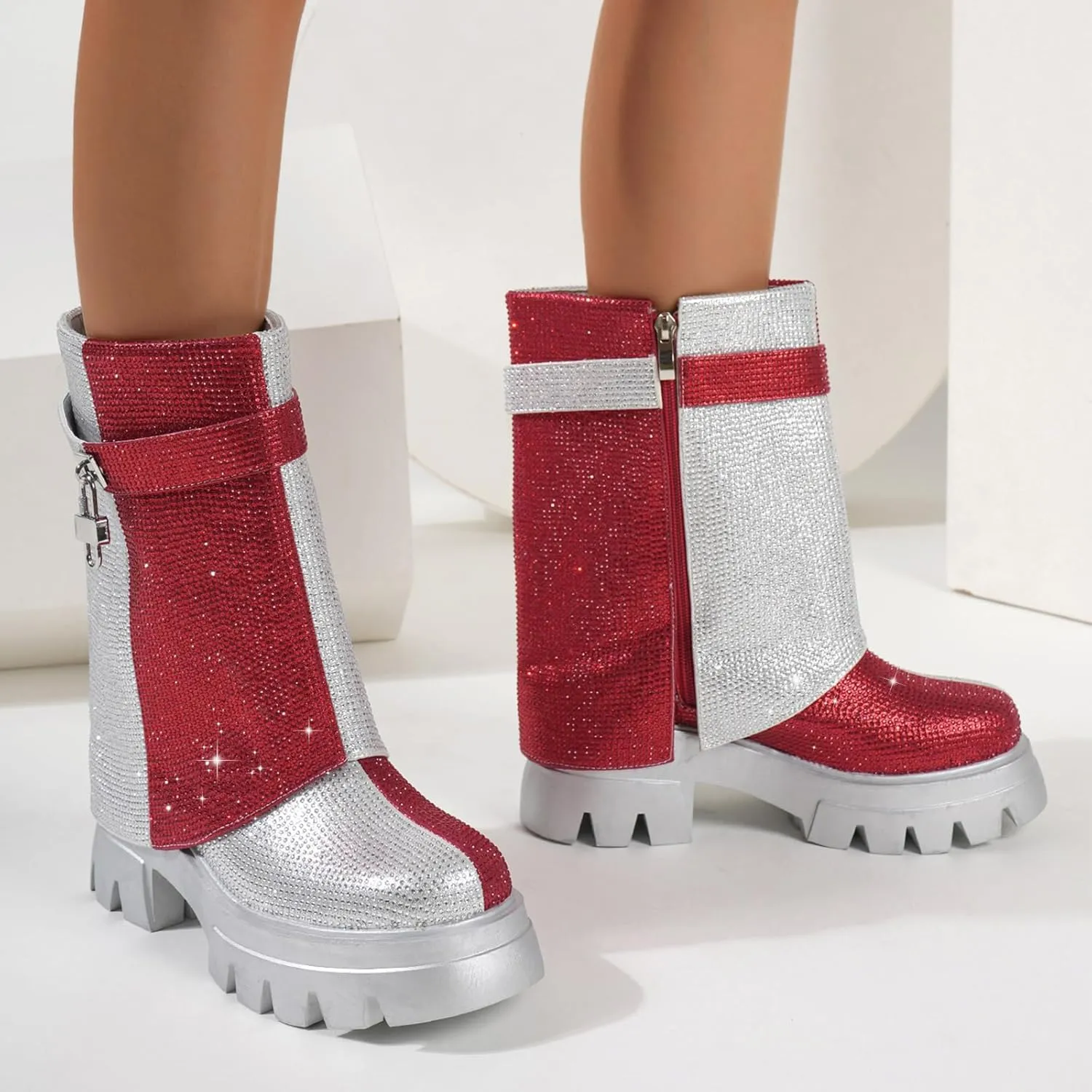 RKQ Zebra platform combat boots for women Low Chunky Heel Adjustable Lace-Up Vamp Inside Zipper Mid Calf Boots Fashion Party Daily Wear leisure Lug Sole Boots