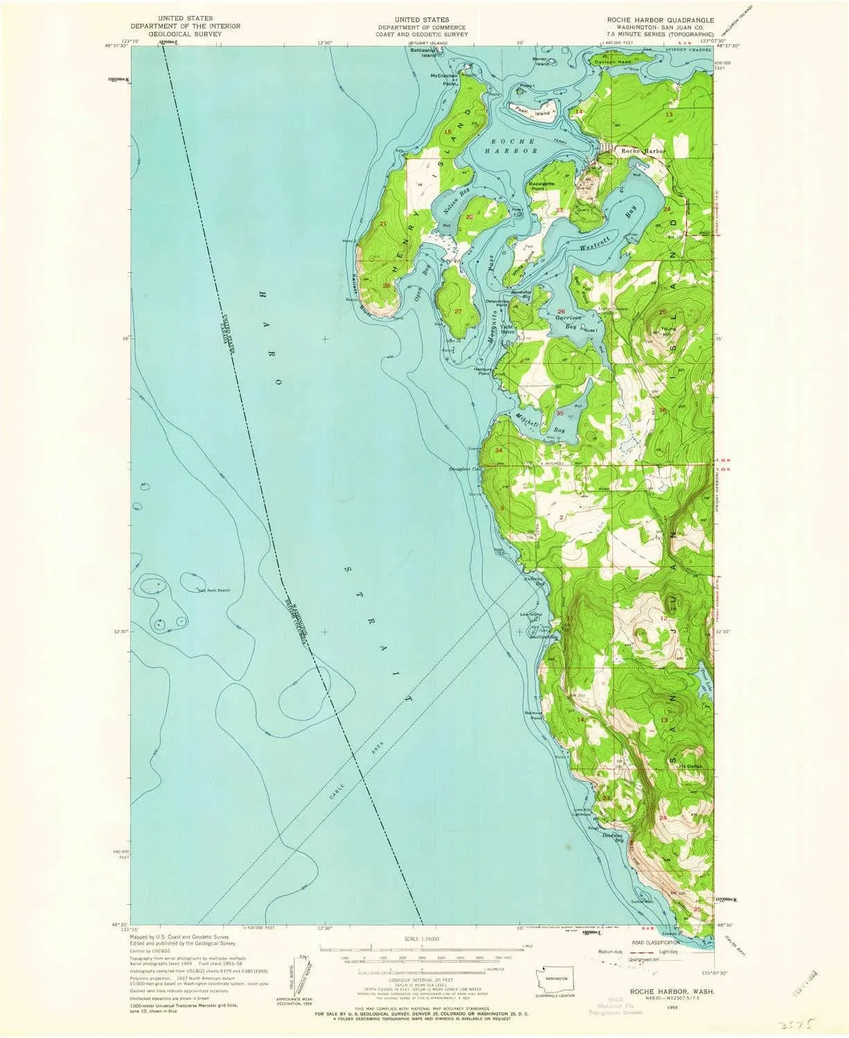 Roche Harbor WA topo map, 1:24000 Scale, 7.5 X 7.5 Minute, Historical, 1954, Updated 1962, 26.9 x 22 in