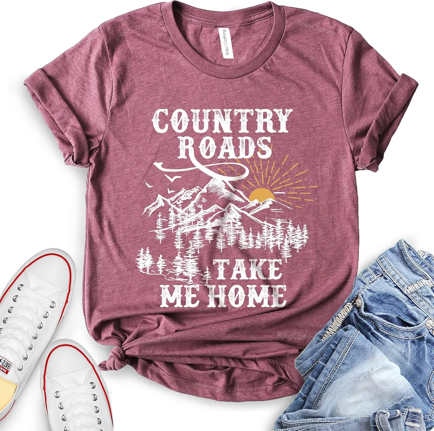 ROKO CLOTHING Country Roads Take Me Home Shirt Short Sleeve Letter Printed Conutry Shirts Women Men