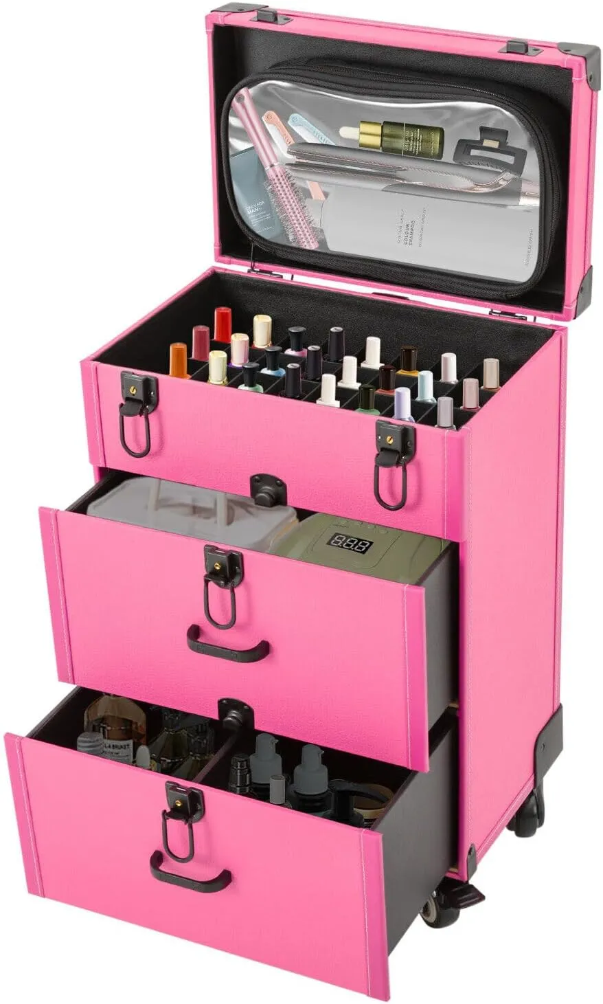 Rolling Makeup Case, Cosmetology Case on Wheels 3 Layer Nail Storage Cart with CLear Storage Pocket Travel Polish Organizer Trolley for Stylist Nail Technician Salon Black lock-Rose Red