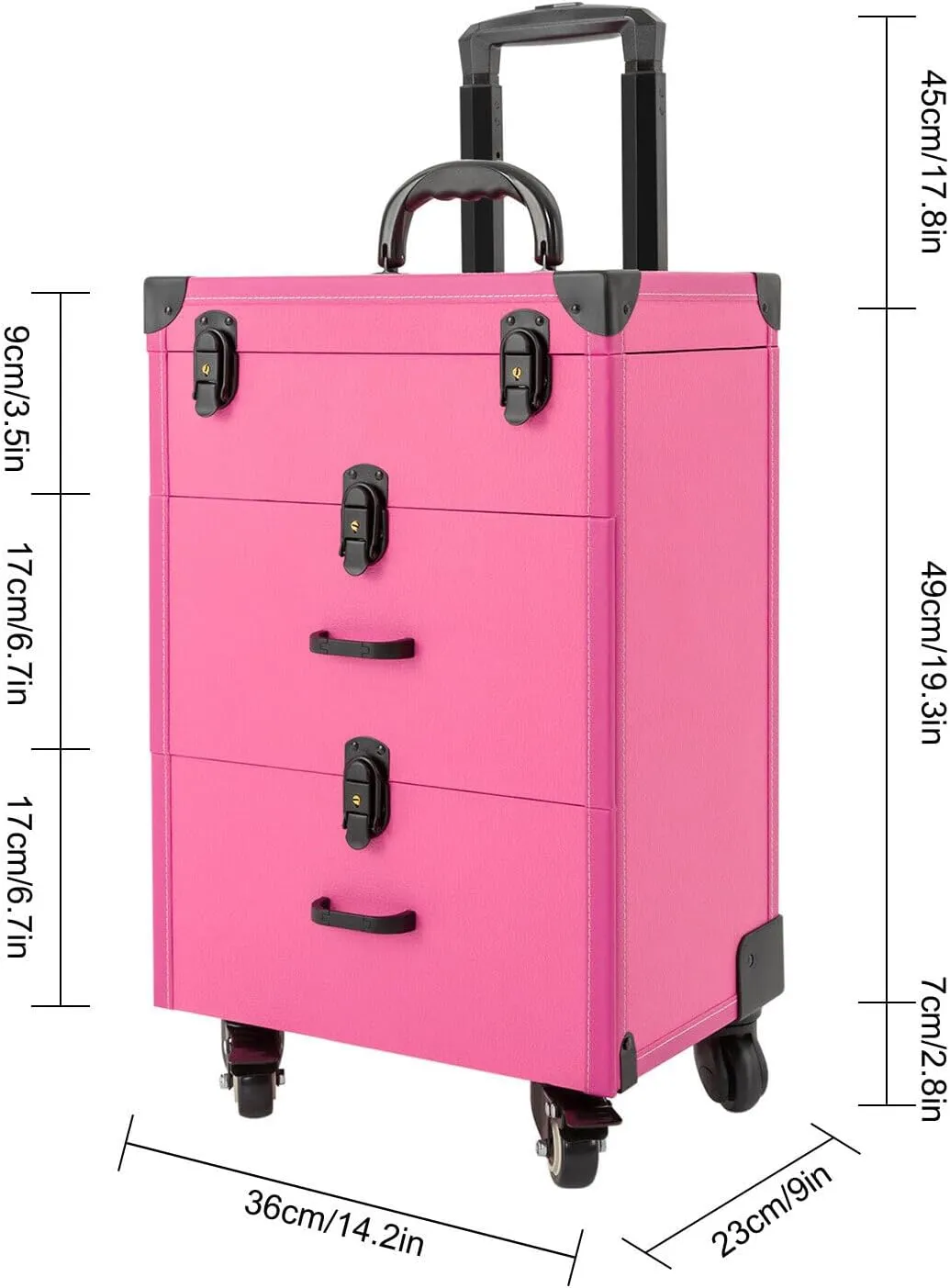 Rolling Makeup Case, Cosmetology Case on Wheels 3 Layer Nail Storage Cart with CLear Storage Pocket Travel Polish Organizer Trolley for Stylist Nail Technician Salon Black lock-Rose Red