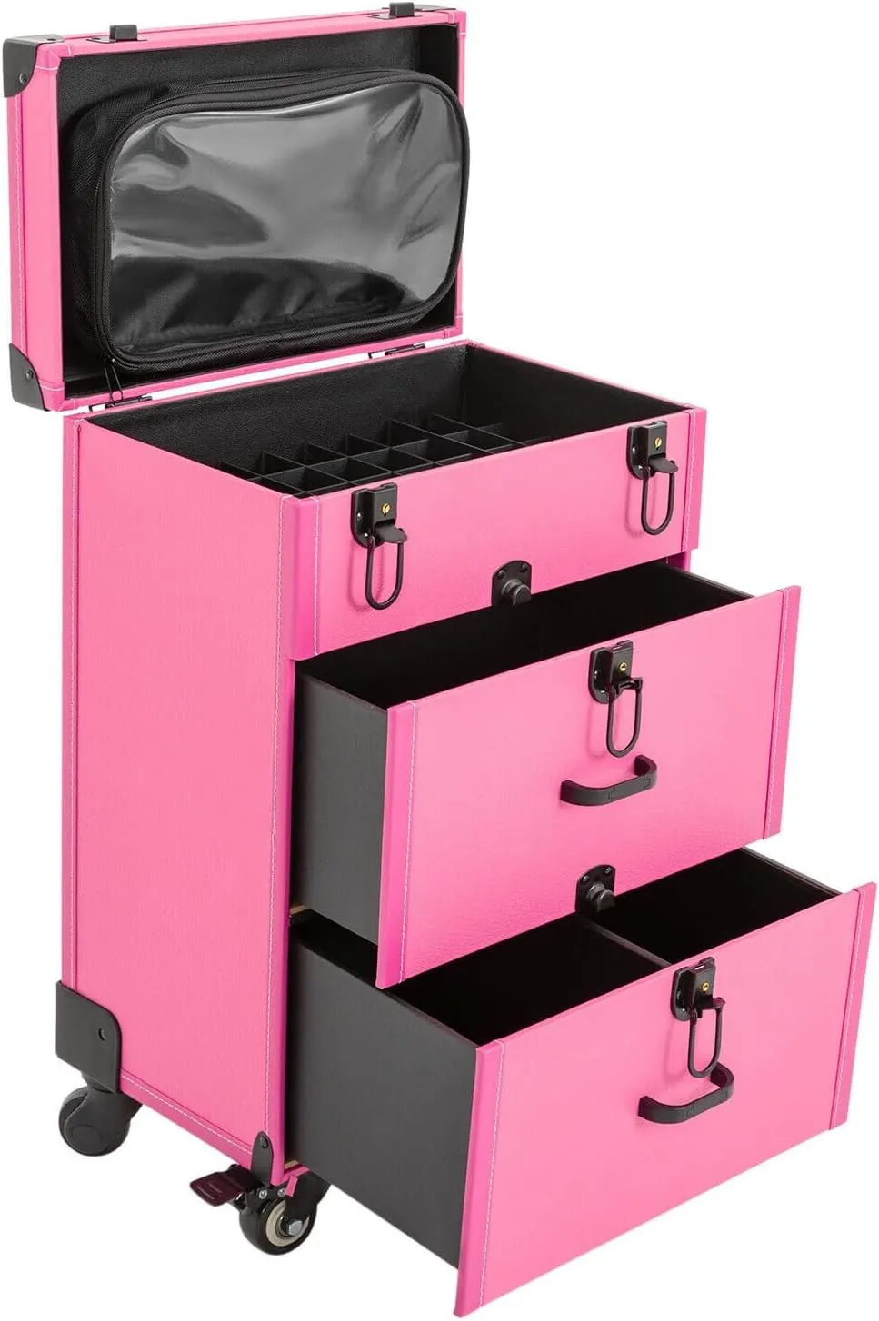 Rolling Makeup Case, Cosmetology Case on Wheels 3 Layer Nail Storage Cart with CLear Storage Pocket Travel Polish Organizer Trolley for Stylist Nail Technician Salon Black lock-Rose Red
