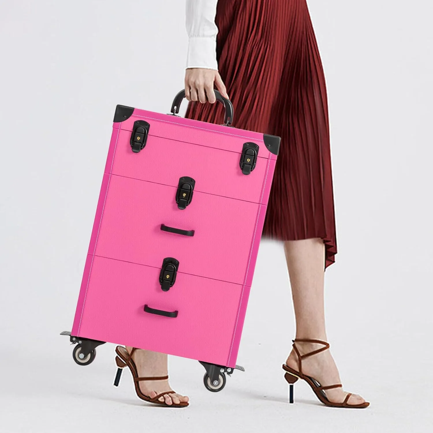 Rolling Makeup Case, Cosmetology Case on Wheels 3 Layer Nail Storage Cart with CLear Storage Pocket Travel Polish Organizer Trolley for Stylist Nail Technician Salon Black lock-Rose Red