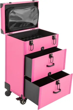 Rolling Makeup Case, Cosmetology Case on Wheels 3 Layer Nail Storage Cart with CLear Storage Pocket Travel Polish Organizer Trolley for Stylist Nail Technician Salon Black lock-Rose Red