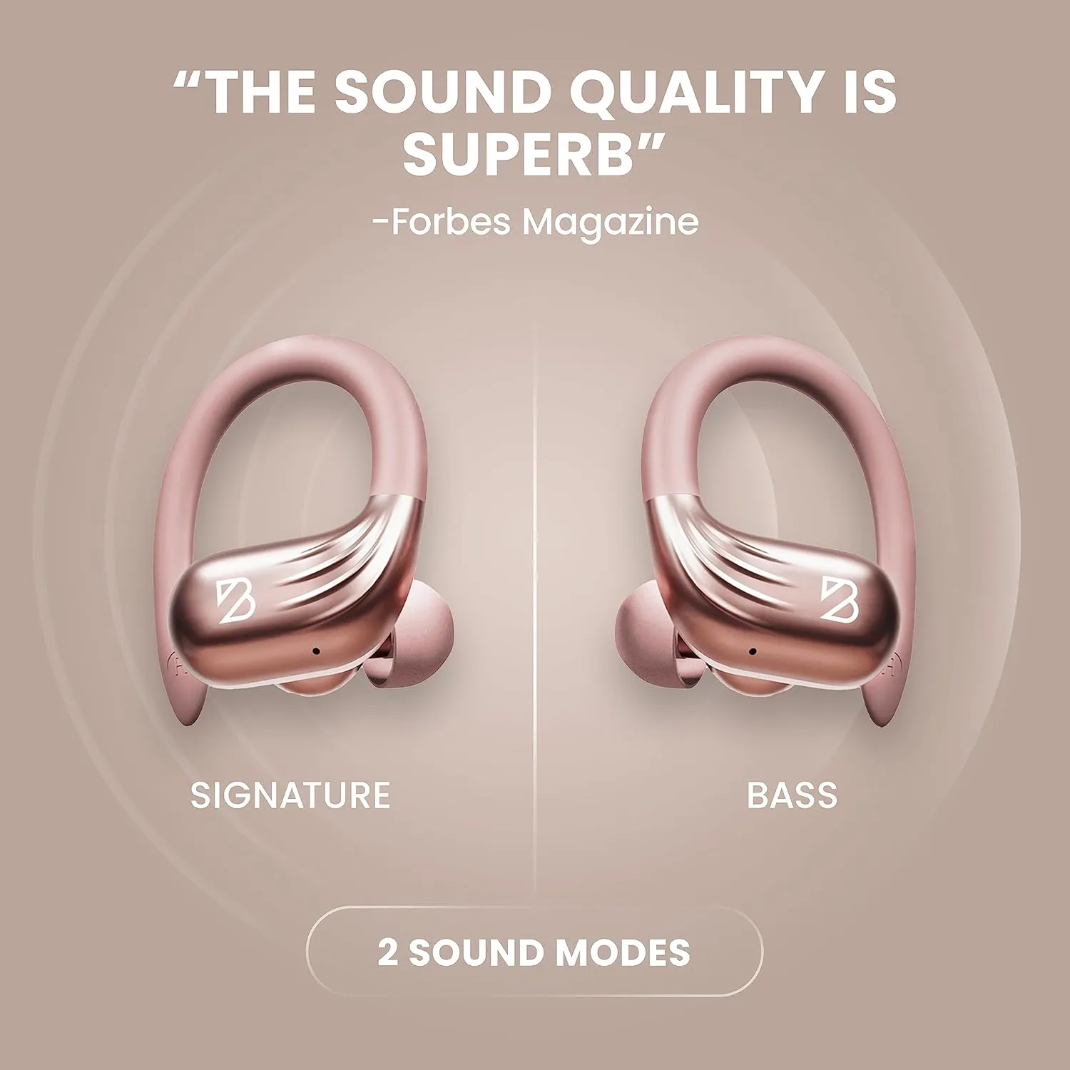 Rose Gold Wireless Running Earbuds for Women. Pink Bluetooth Sport Earbuds for Running, 80 Hour Long Battery Life Over the Ear with EarHooks, Wrap Around Ear buds with Microphone, Earphones
