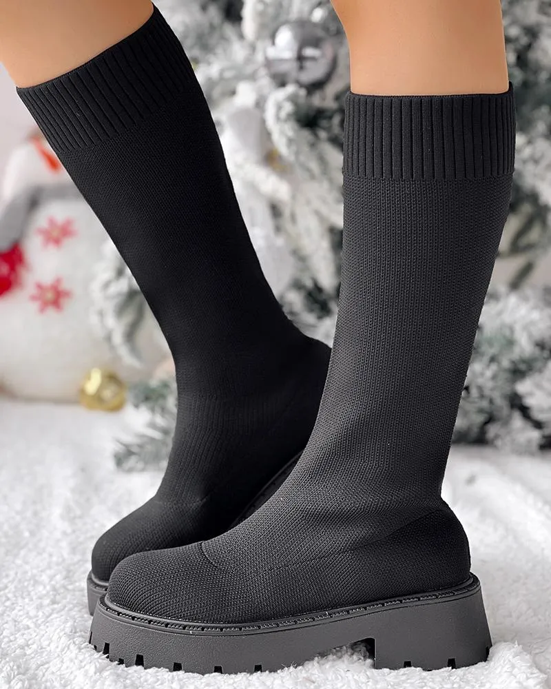 Round Toe Platform Breathable Calf Boots