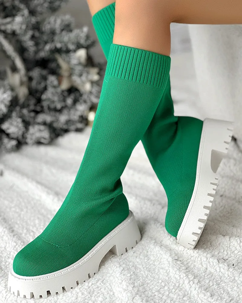 Round Toe Platform Breathable Calf Boots
