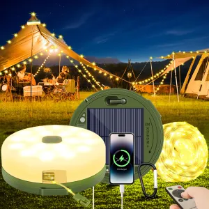 Rynx | Camping Light Strings Portable Waterproof Solar Powered Camping Light With Snap Hook 10M Cord Camp Lantern Usb Rechargeable 3600Mah Power Bank With Remote Control For Garden Decorations (Yellow)
