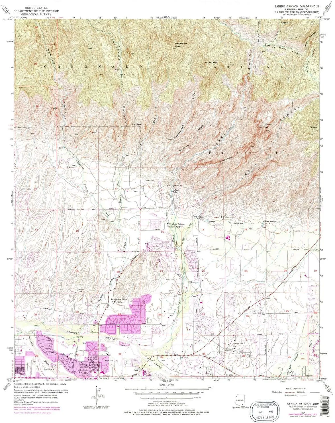 Sabino Canyon AZ topo map, 1:24000 Scale, 7.5 X 7.5 Minute, Historical, 1957, Updated 1977, 27 x 22 in