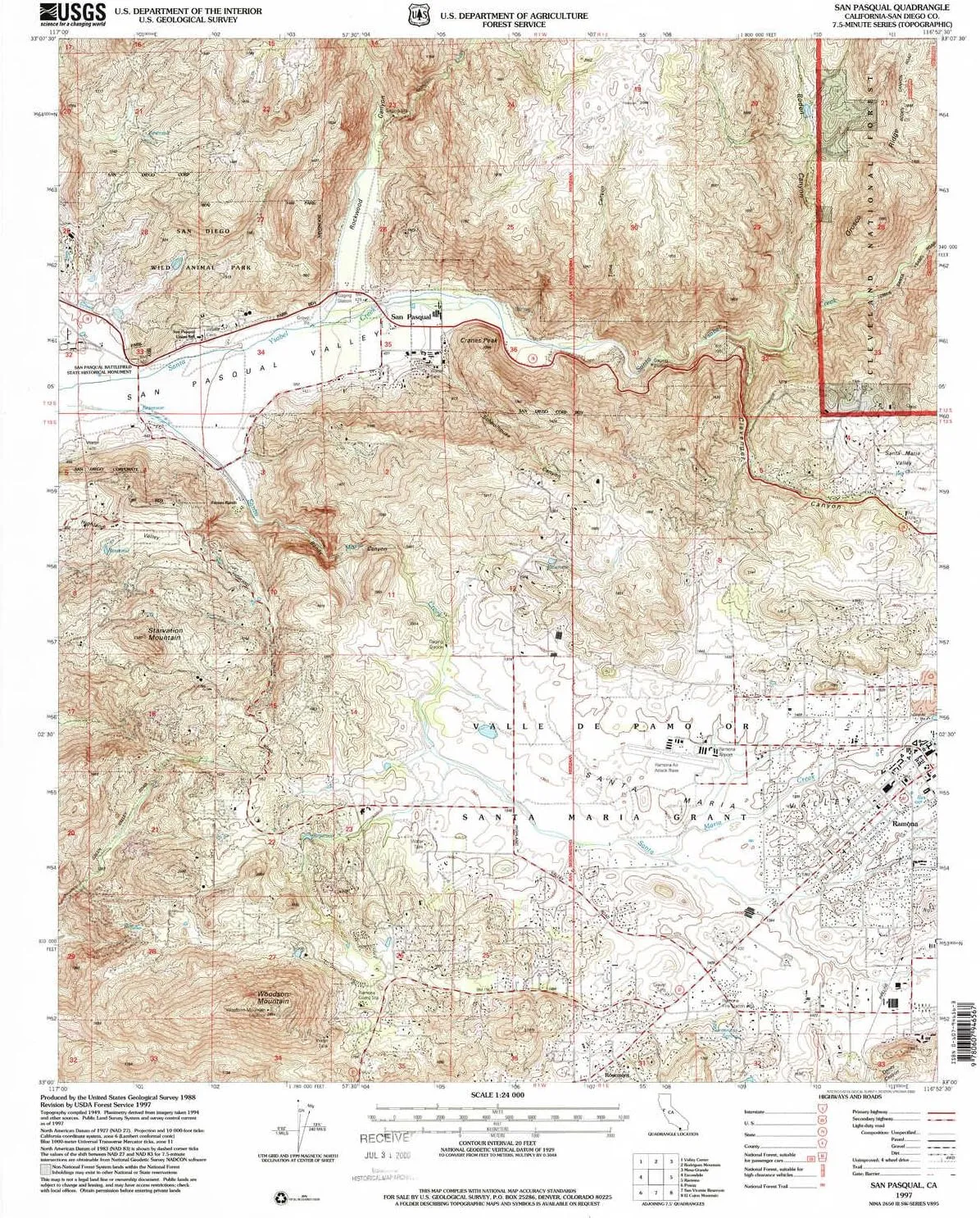 San Pasqual CA topo map, 1:24000 Scale, 7.5 X 7.5 Minute, Historical, 1997, Updated 2000, 26.8 x 21.9 in