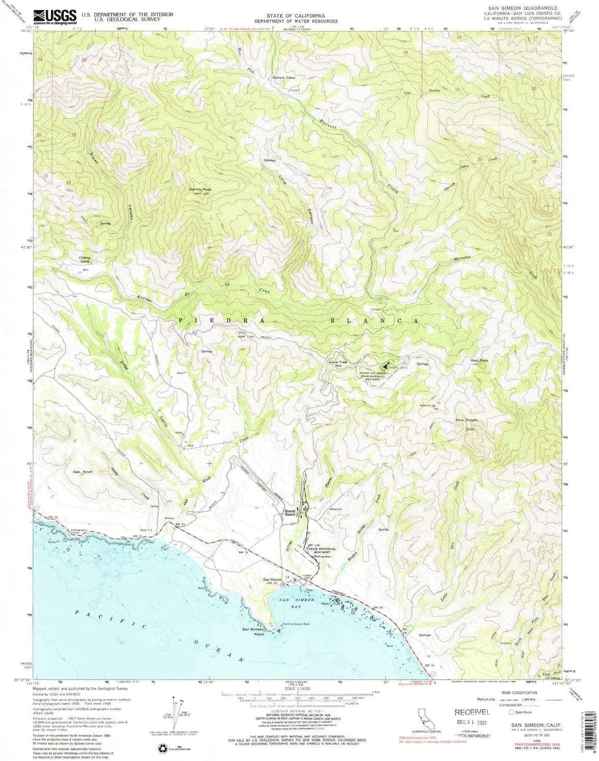 San Simeon CA topo map, 1:24000 Scale, 7.5 X 7.5 Minute, Historical, 1958, Updated 1988, 26.7 x 22 in