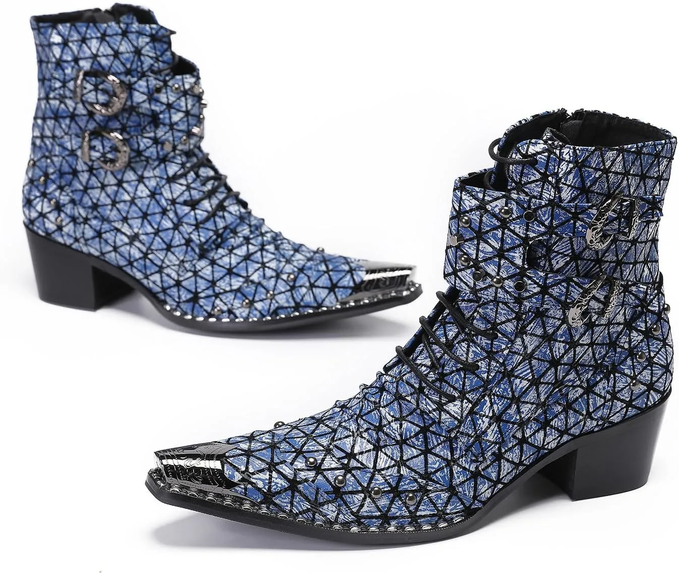 Santimon Men's Genuine Leather Cowboy Boots - Western Dress Boots with Metal Toe & Buckles | Mid-Calf Party, Rock & Motorcycle Boots