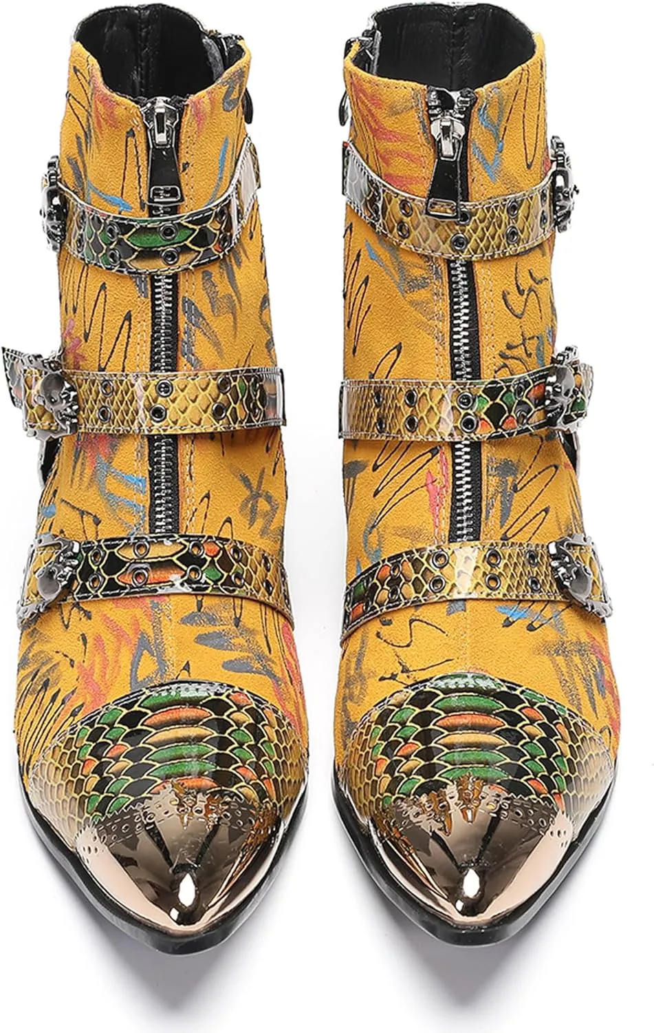 Santimon Men's Snake Print Cowboy Boots – Punk Rock Gothic Casual Western Boots with Metallic Toe, Buckle Strap,Skull Rivets & Side Zipper for Stage, Party & Bar
