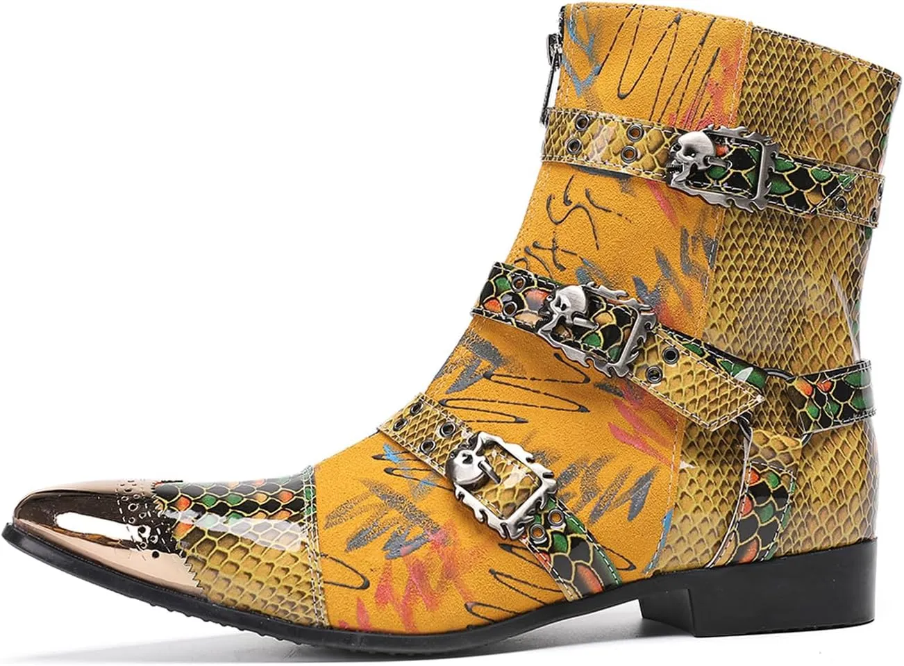 Santimon Men's Snake Print Cowboy Boots – Punk Rock Gothic Casual Western Boots with Metallic Toe, Buckle Strap,Skull Rivets & Side Zipper for Stage, Party & Bar