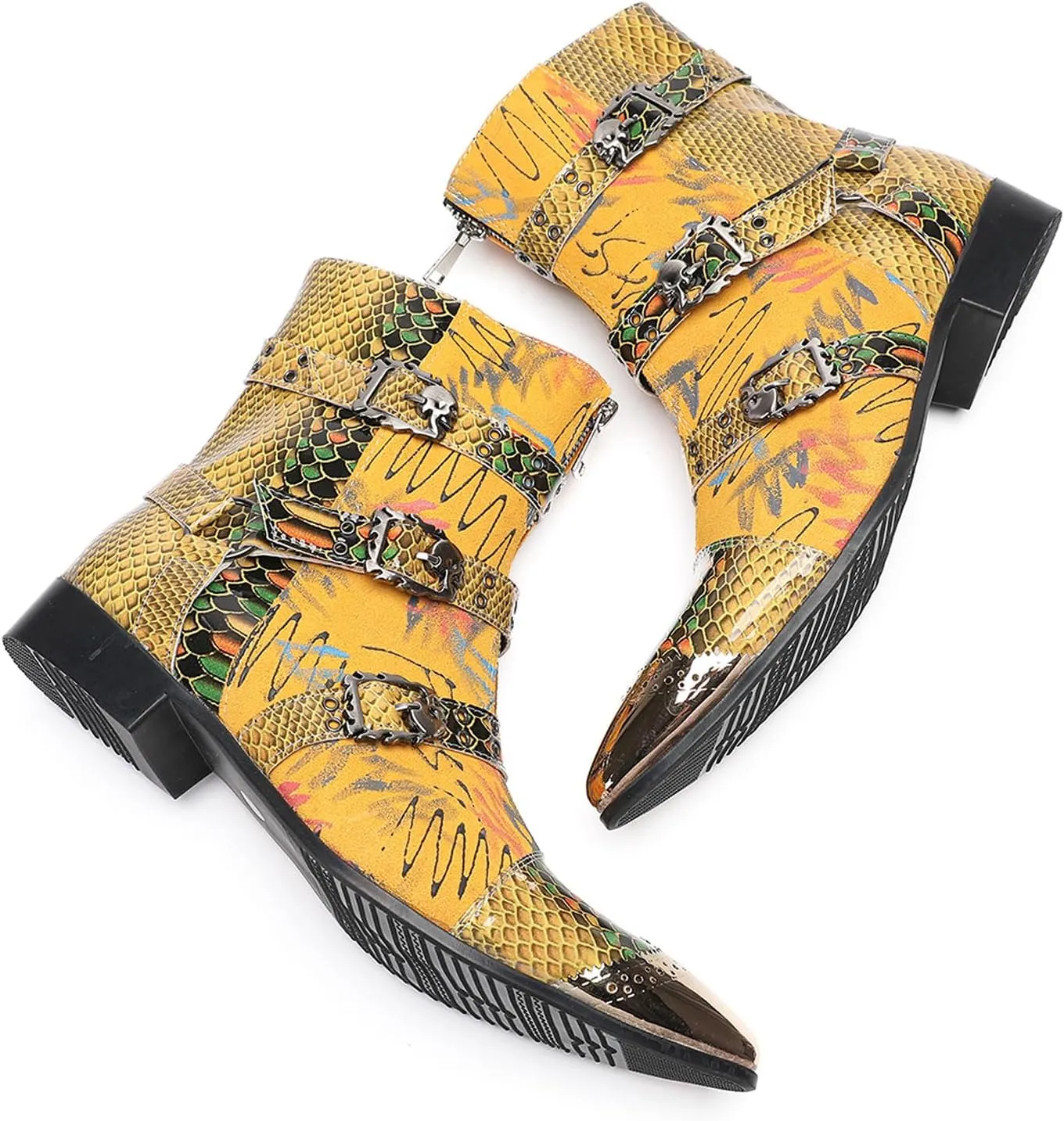 Santimon Men's Snake Print Cowboy Boots – Punk Rock Gothic Casual Western Boots with Metallic Toe, Buckle Strap,Skull Rivets & Side Zipper for Stage, Party & Bar